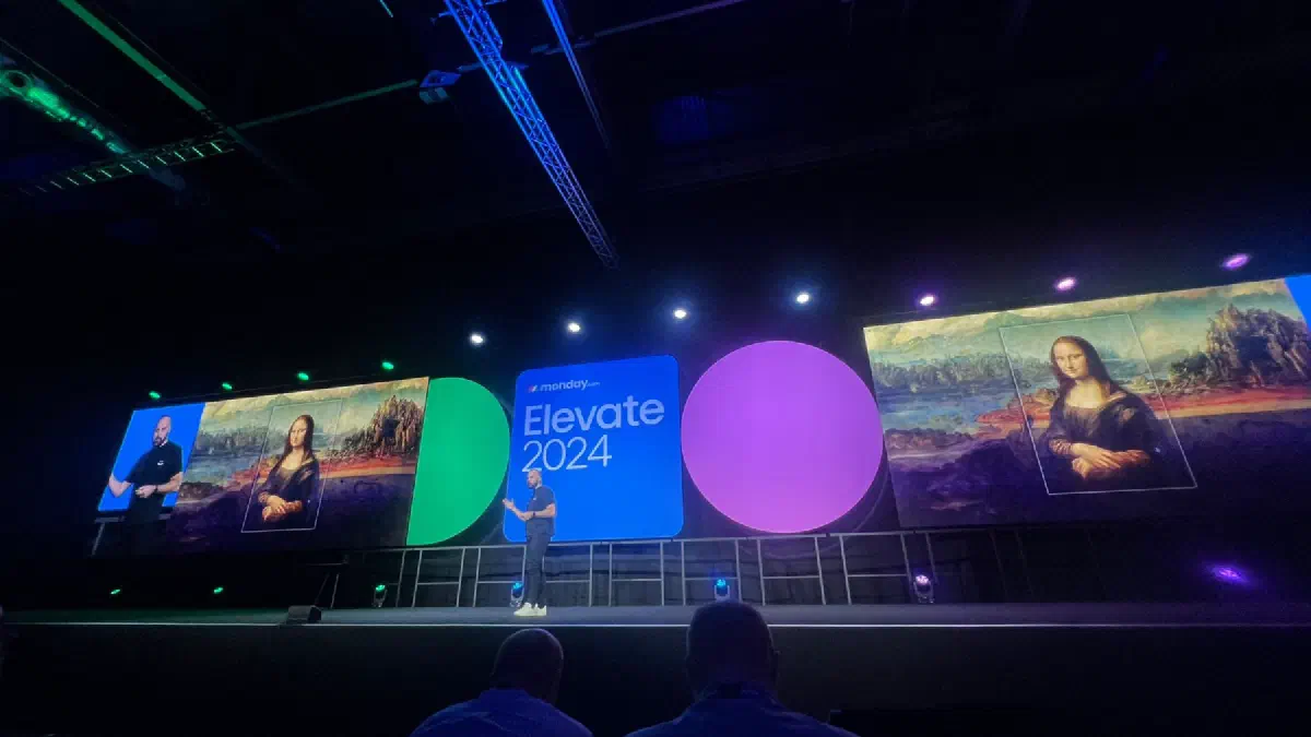 Mario Thomas speaking on the main stage at monday.com Elevate 2024