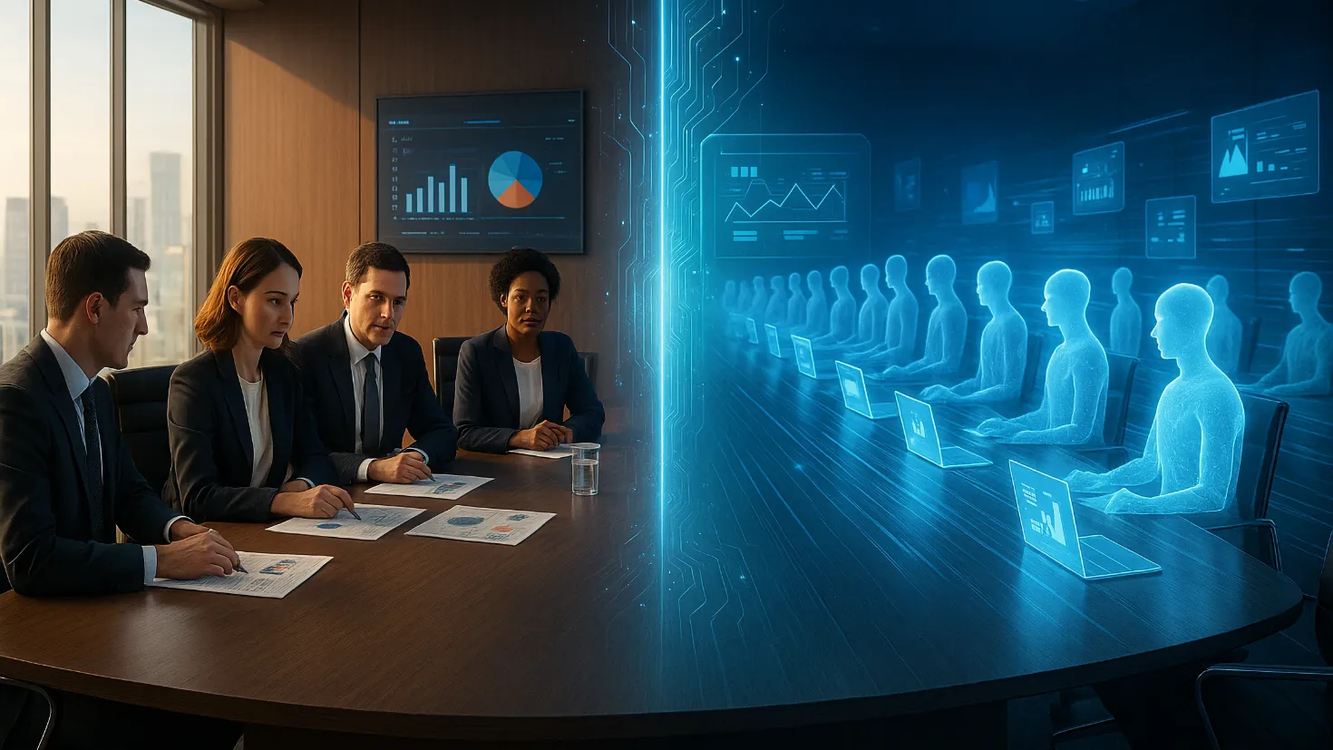 Modern corporate boardroom scene split between thoughtful business executives and glowing AI agent representations operating autonomously
