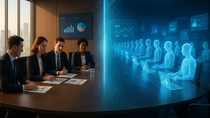 Modern corporate boardroom scene split between thoughtful business executives on the left working with documents representing human-in-the-loop decision-making, and multiple glowing AI agent representations on the right operating autonomously in parallel, symbolising the strategic choice about where to transfer agency from humans to machines (Image generated by ChatGPT 5)