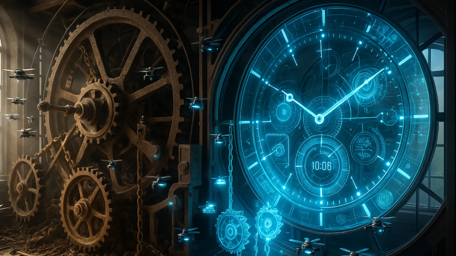 A dramatic split-screen view of a giant clock mechanism being transformed by autonomous drones
