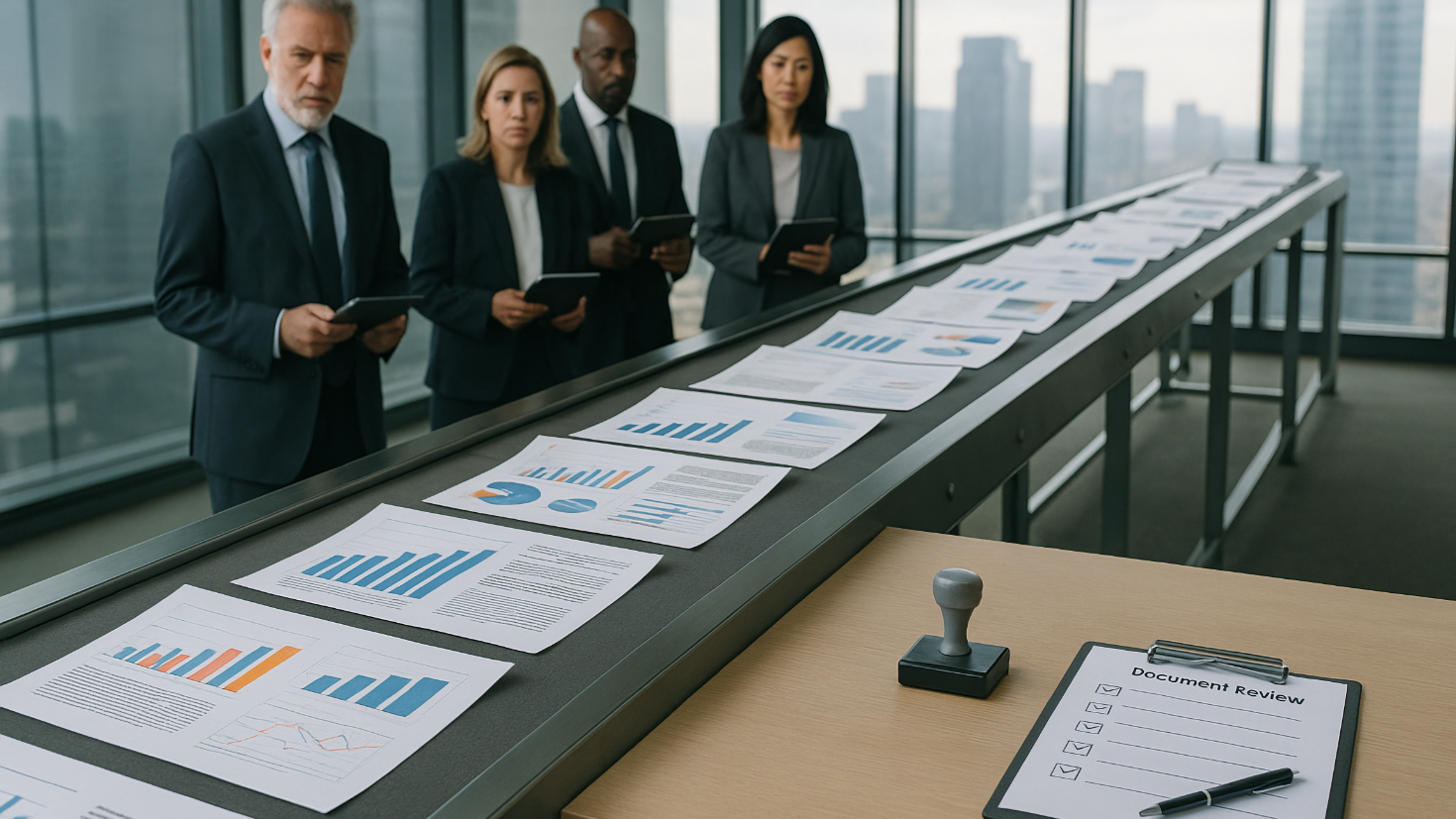 Senior executives observing a fast-moving automated conveyor belt of AI-generated business reports in a modern corporate office, with unused quality control tools in the foreground illustrating the AI accountability gap (Image generated by ChatGPT 5)