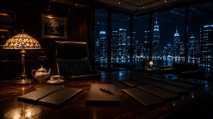 A corner executive office in dark mahogany panelling at night, lit warm on the left by a stained-glass Tiffany lamp beside a porcelain teapot and cup, where a spread of closed leather dossiers fans across a polished desk and one is squared up in the lamplight before an empty high-backed leather chair with a fountain pen resting on it as the chosen bet, the rest angled away into shadow, and cool blue light falls from floor-to-ceiling windows onto a night city skyline and waterfront beyond, a visual reframe of the few bets a chief executive draws from many and answers for, where a machine can lay out the options but only a human can choose (Image generated by ChatGPT 5.5)