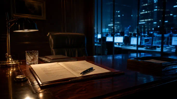 A CFO's desk at night in a dark wood-panelled office, lit warm on the left by a brass desk lamp where bound financial statements lie open with a fountain pen resting on a freshly signed final page, beside a crystal glass and a leather folder, and cool blue on the right through a floor-to-ceiling window onto a screen-filled finance operations floor, with an empty leather chair between them, a visual reframe of numbers a machine produces but a human still signs (Image generated by ChatGPT 5.4)