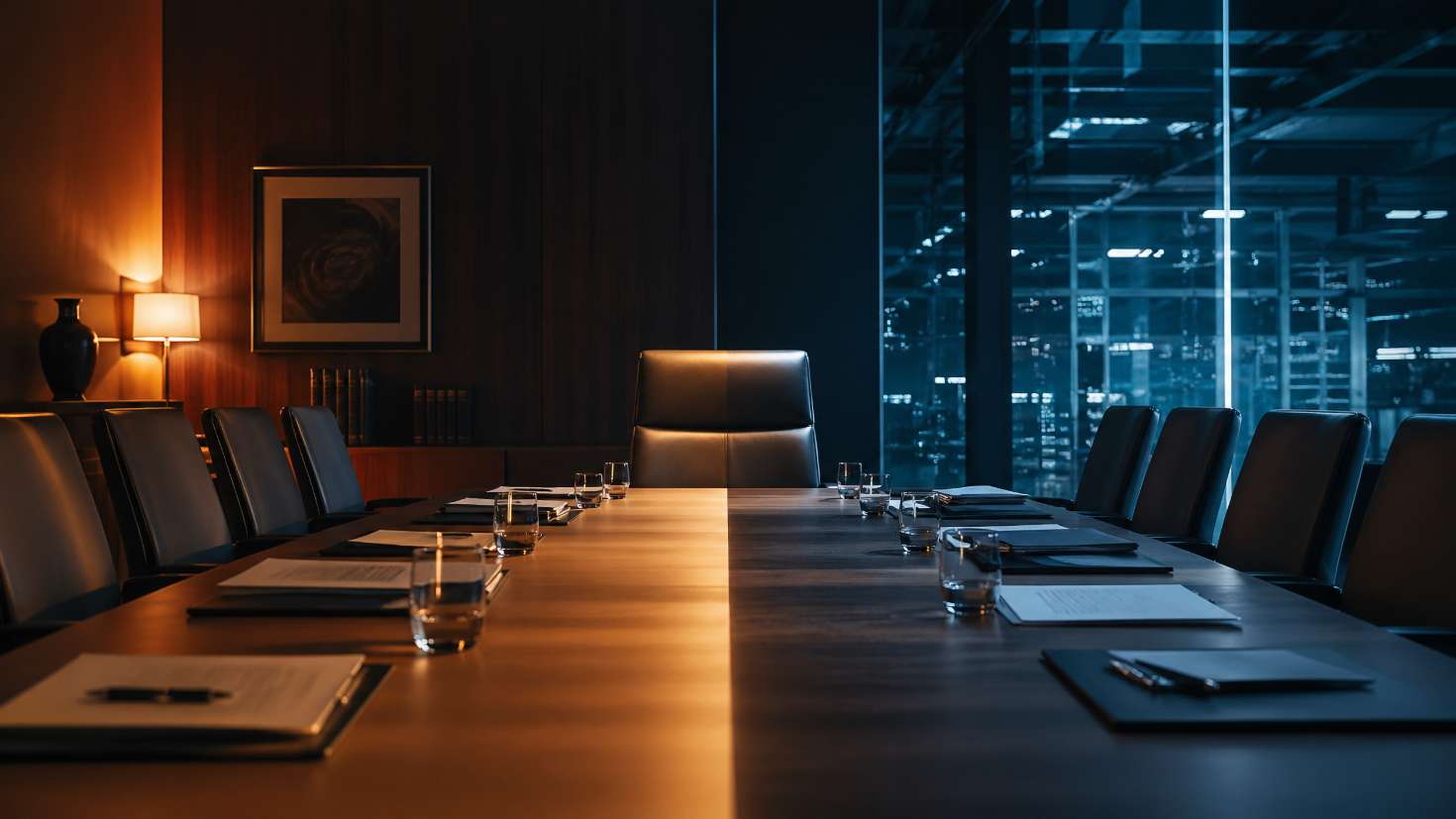 A long boardroom table running through two contrasting zones — a warm, lamp-lit traditional boardroom on one side and a cool, glass-walled view onto an operational technology environment on the other — with a single empty chair at the head positioned exactly at the seam.
