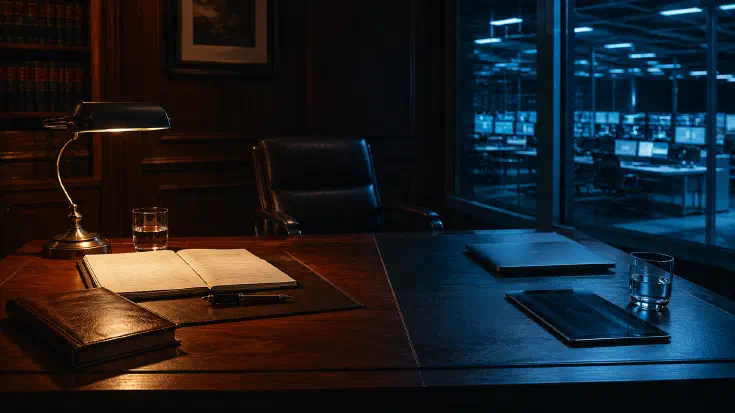 A traditional secretariat desk lit by warm lamplight with an open governance text and fountain pen on its left side and a closed laptop and tablet resting on the right, the desk itself positioned at the seam between the warm interior of a panelled office and a cool, glass-walled view onto an operations centre — a visual reframe of the company secretary's position between the Board's own work and the work the Board governs, both being remade by AI (Image generated by ChatGPT 5.4)