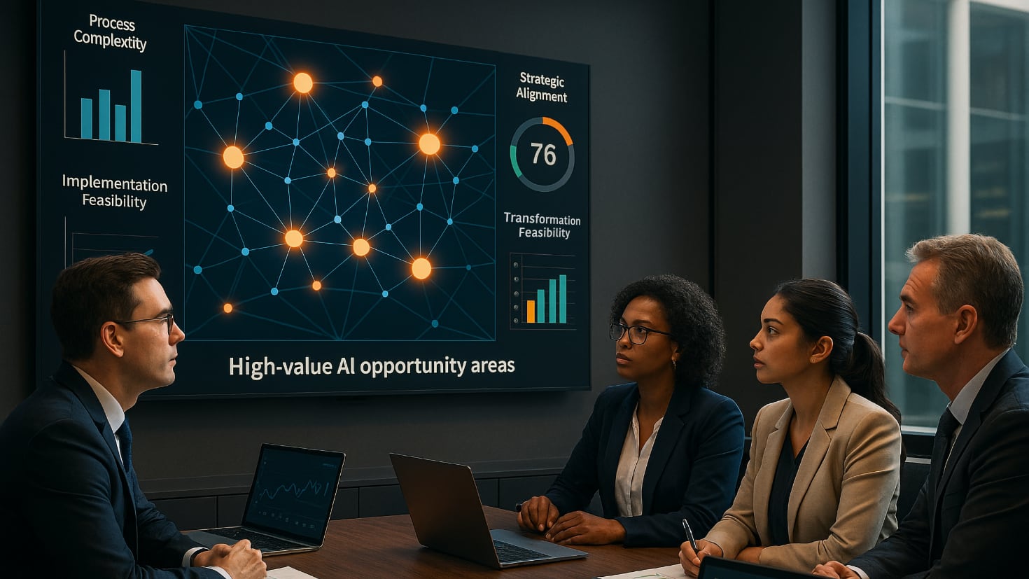 A diverse executive team in a modern boardroom reviews a large digital screen displaying a network map of interconnected business processes, with glowing nodes highlighting high-value AI opportunity areas. Surrounding dashboards present analytics on process complexity, strategic alignment, and implementation feasibility. Team members are engaged in discussion, each with laptops showing performance data. (Image generated by ChatGPT 4o). A diverse executive team in a modern boardroom reviews a large digital screen displaying a network map of interconnected business processes, with glowing nodes highlighting high-value AI opportunity areas. Surrounding dashboards present analytics on process complexity, strategic alignment, and implementation feasibility. Team members are engaged in discussion, each with laptops showing performance data. (Image generated by ChatGPT 4o).