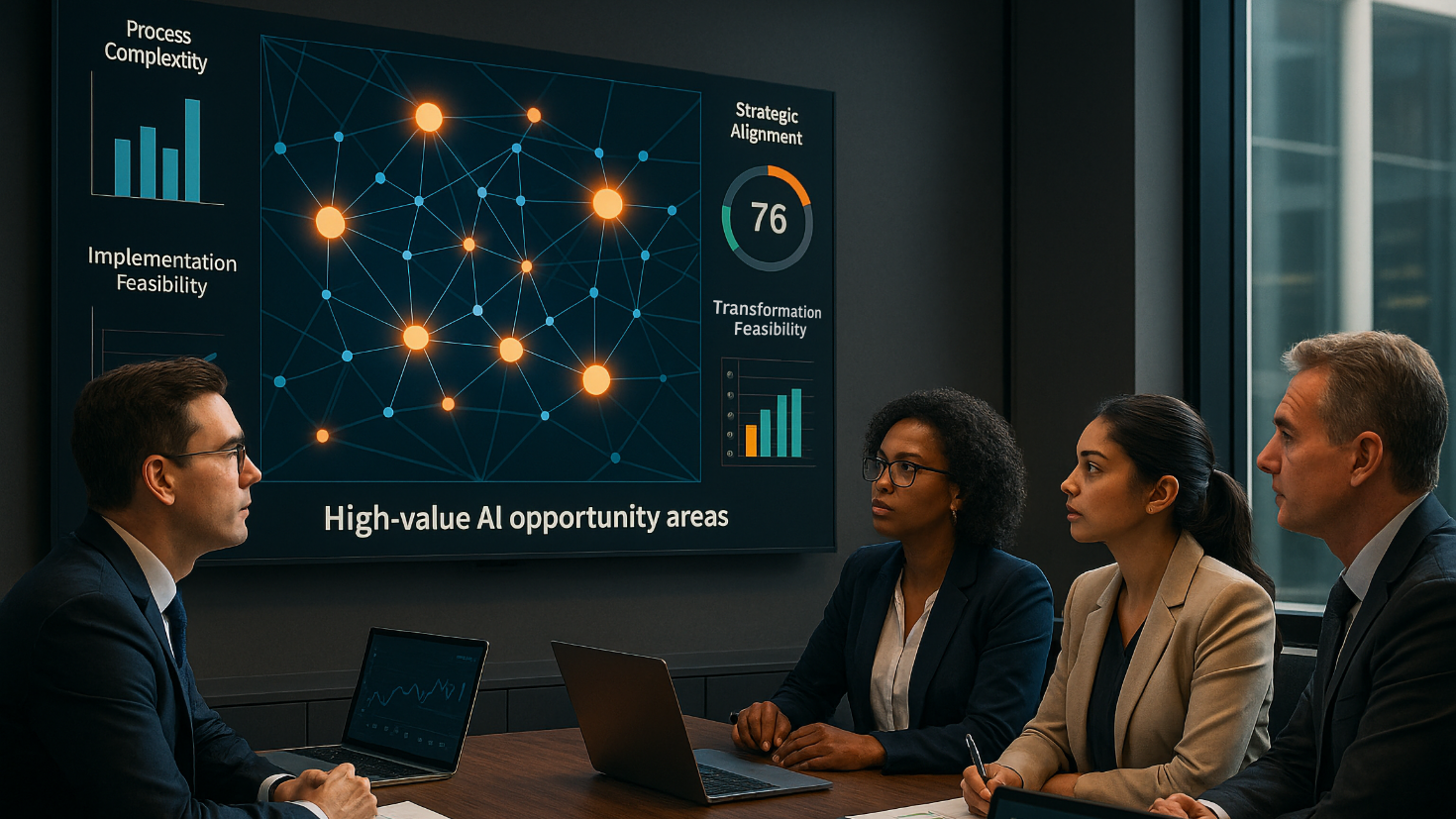 A diverse executive team in a modern boardroom reviews a large digital screen displaying a network map of interconnected business processes, with glowing nodes highlighting high-value AI opportunity areas. Surrounding dashboards present analytics on process complexity, strategic alignment, and implementation feasibility. Team members are engaged in discussion, each with laptops showing performance data. (Image generated by ChatGPT 4o).