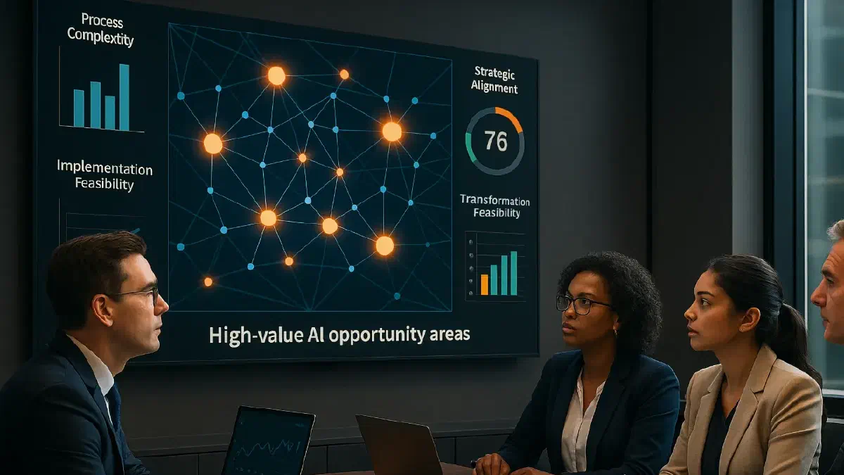 A diverse executive team in a modern boardroom reviews a large digital screen displaying a network map of interconnected business processes, with glowing nodes highlighting high-value AI opportunity areas. Surrounding dashboards present analytics on process complexity, strategic alignment, and implementation feasibility. Team members are engaged in discussion, each with laptops showing performance data. (Image generated by ChatGPT 4o).