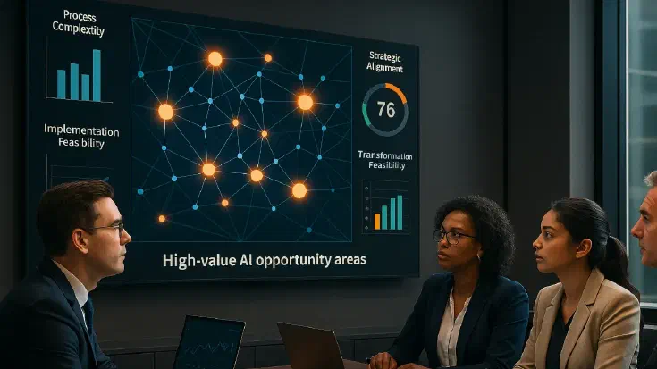 A diverse executive team in a modern boardroom reviews a large digital screen displaying a network map of interconnected business processes, with glowing nodes highlighting high-value AI opportunity areas. Surrounding dashboards present analytics on process complexity, strategic alignment, and implementation feasibility. Team members are engaged in discussion, each with laptops showing performance data. (Image generated by ChatGPT 4o).