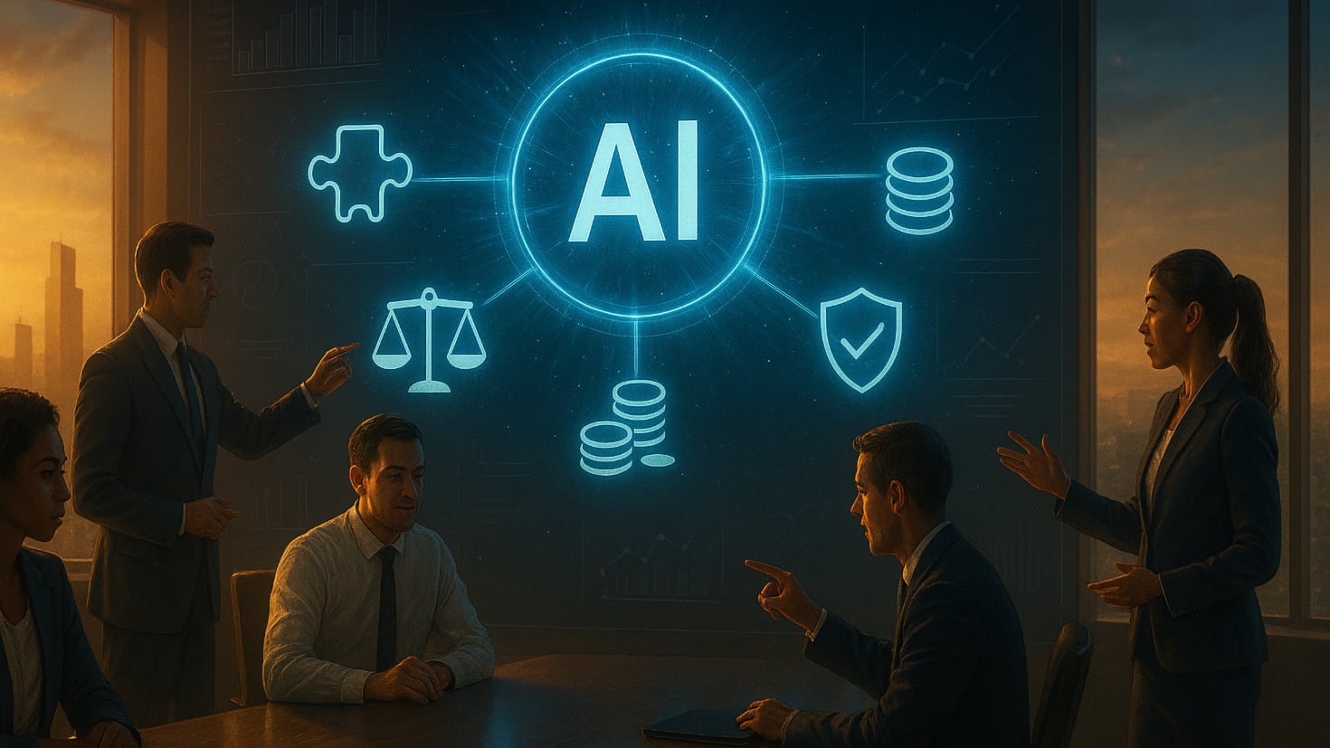 A business team collaborating around a modern table with holographic displays showing five interconnected building blocks that form a complete AI business case evaluation structure. (Image generated by ChatGPT 4o). A business team collaborating around a modern table with holographic displays showing five interconnected building blocks that form a complete AI business case evaluation structure. (Image generated by ChatGPT 4o).