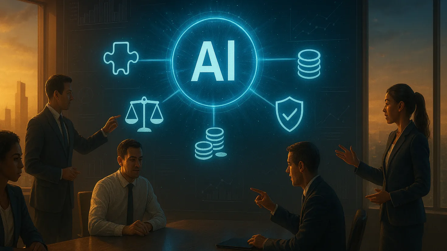 Business team collaborating around holographic displays showing building blocks of AI business case