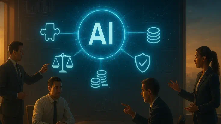 A business team collaborating around a modern table with holographic displays showing five interconnected building blocks that form a complete AI business case evaluation structure. (Image generated by ChatGPT 4o).
