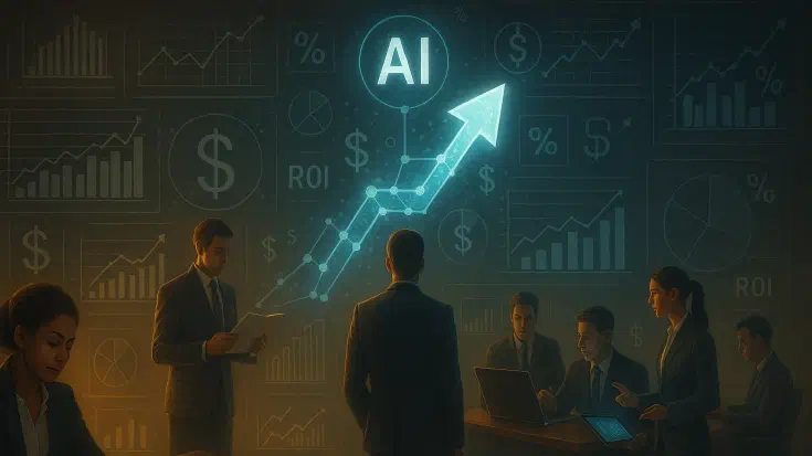 A group of business professionals in a futuristic Boardroom analyse AI investment data, with glowing holographic charts, ROI metrics, dollar signs, and an upward-trending arrow pointing toward a central “AI” node, symbolising growth and financial impact in the age of artificial intelligence. (Image generated by AI).