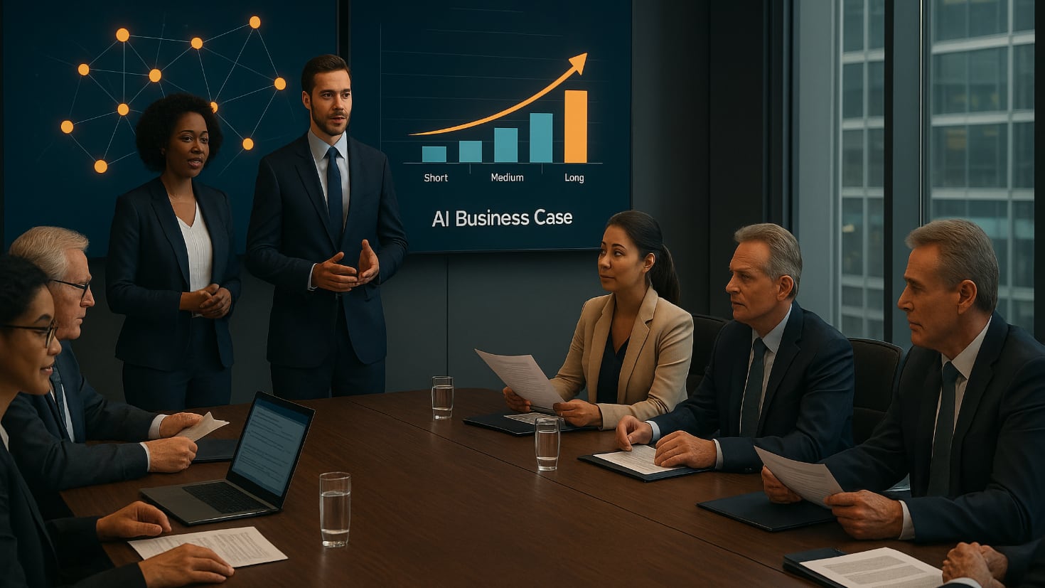 A diverse executive team presents an AI business case to a Board in a modern Boardroom. Digital displays show strategic alignment diagrams and multi-horizon value projections, while executives engage with Board members who are reviewing materials. The scene captures the critical moment of stakeholder engagement and decision-making for AI investments. (Image generated by ChatGPT 4o).