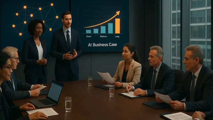 A diverse executive team presents an AI business case to a Board in a modern Boardroom. Digital displays show strategic alignment diagrams and multi-horizon value projections, while executives engage with Board members who are reviewing materials. The scene captures the critical moment of stakeholder engagement and decision-making for AI investments. (Image generated by ChatGPT 4o).