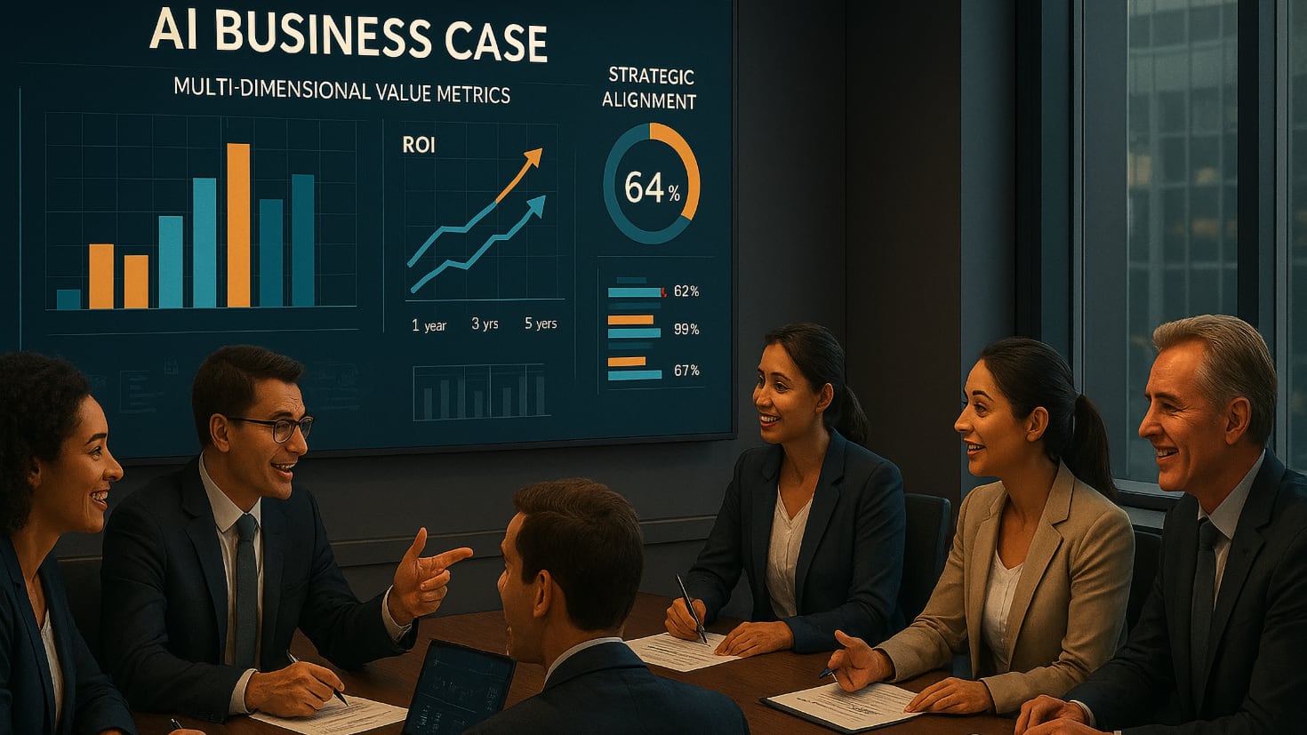 A professional team collaborates around a conference table reviewing an AI business case document. Digital displays show multi-dimensional value metrics, ROI projections across different time horizons, and strategic alignment graphics. The scene conveys analytical rigour combined with strategic vision in building a compelling AI investment case. (Image generated by ChatGPT 4o). A professional team collaborates around a conference table reviewing an AI business case document. Digital displays show multi-dimensional value metrics, ROI projections across different time horizons, and strategic alignment graphics. The scene conveys analytical rigour combined with strategic vision in building a compelling AI investment case. (Image generated by ChatGPT 4o).