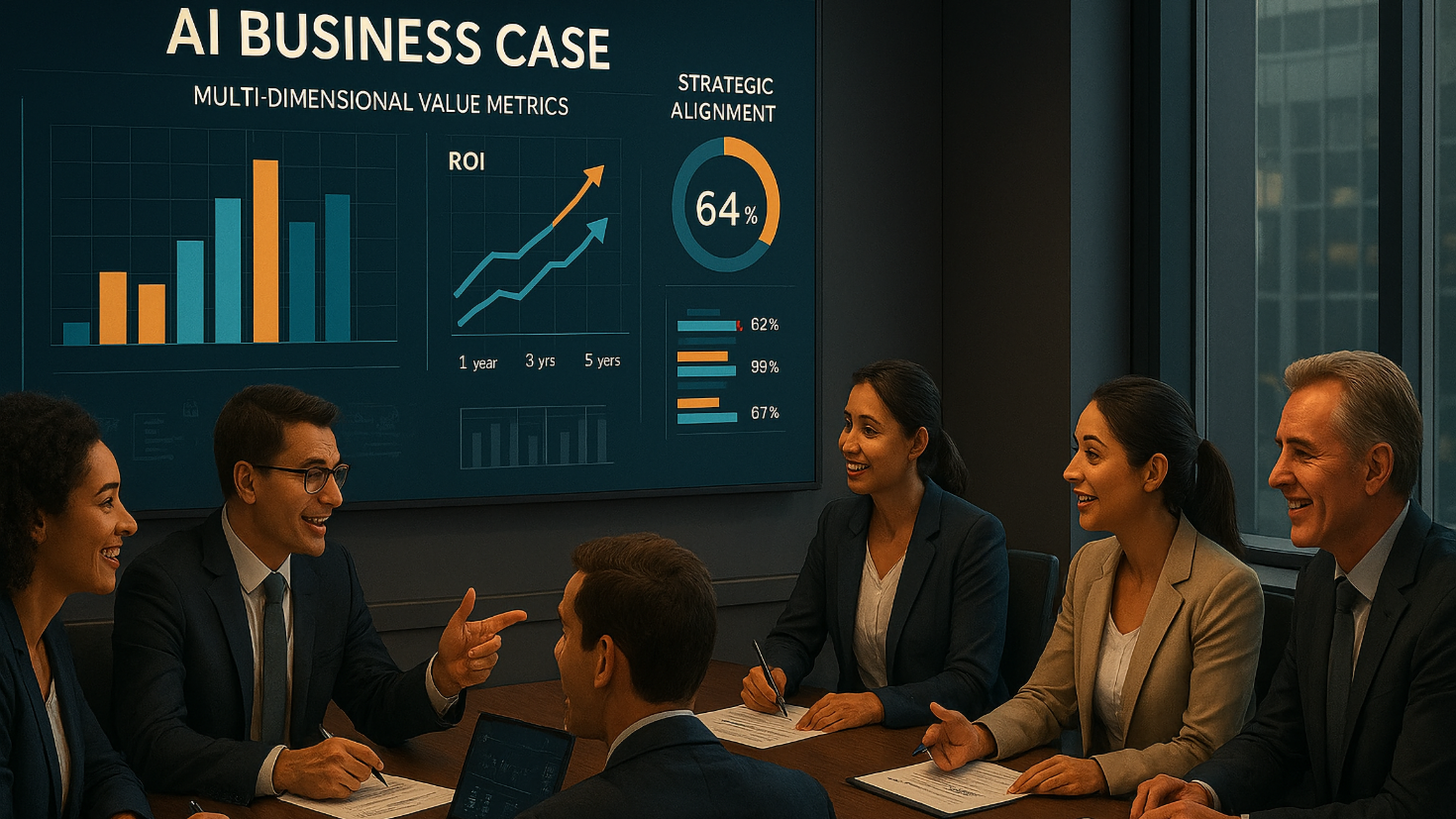 A professional team collaborates around a conference table reviewing an AI business case document. Digital displays show multi-dimensional value metrics, ROI projections across different time horizons, and strategic alignment graphics. The scene conveys analytical rigour combined with strategic vision in building a compelling AI investment case. (Image generated by ChatGPT 4o).