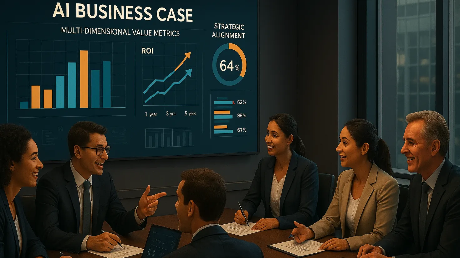 Professional team collaborating around a conference table reviewing an AI business case document