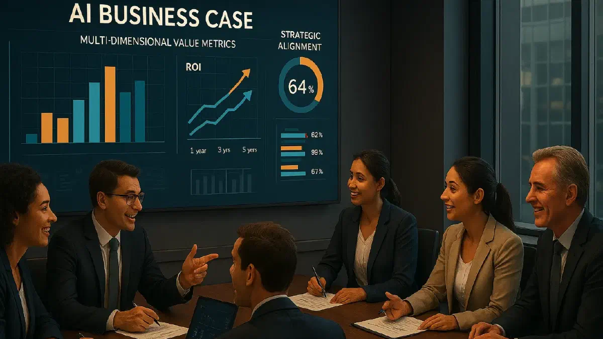 A professional team collaborates around a conference table reviewing an AI business case document. Digital displays show multi-dimensional value metrics, ROI projections across different time horizons, and strategic alignment graphics. The scene conveys analytical rigour combined with strategic vision in building a compelling AI investment case. (Image generated by ChatGPT 4o).