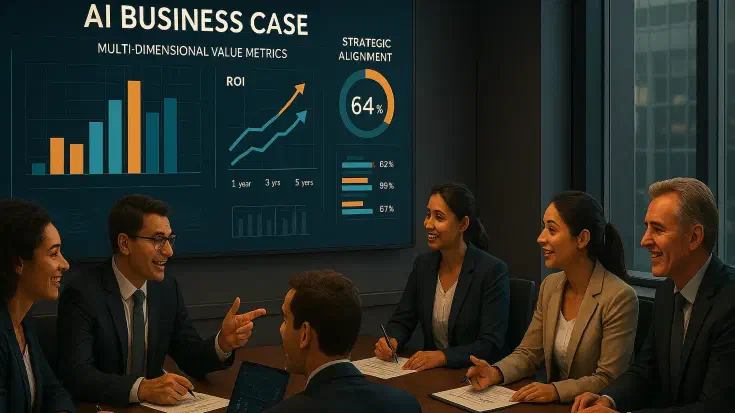 A professional team collaborates around a conference table reviewing an AI business case document. Digital displays show multi-dimensional value metrics, ROI projections across different time horizons, and strategic alignment graphics. The scene conveys analytical rigour combined with strategic vision in building a compelling AI investment case. (Image generated by ChatGPT 4o).