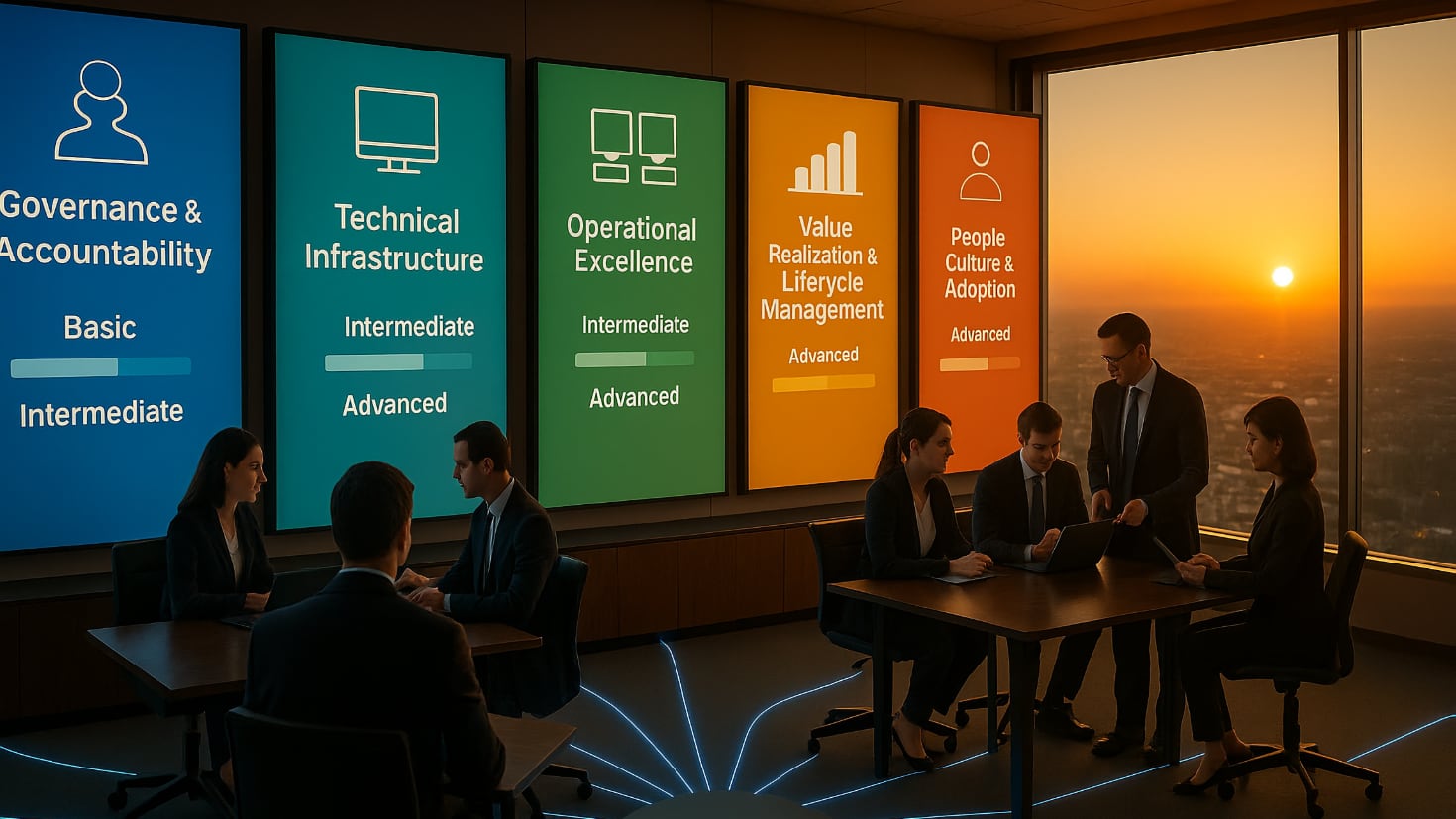 A modern corporate training centre where diverse teams work at stations representing the Five Pillars. Digital displays show capability maturity levels progressing from basic to advanced, with interconnected pathways between stations symbolising integrated capability development. The AI CoE team facilitates from a central hub. (Image generated by ChatGPT 4o).