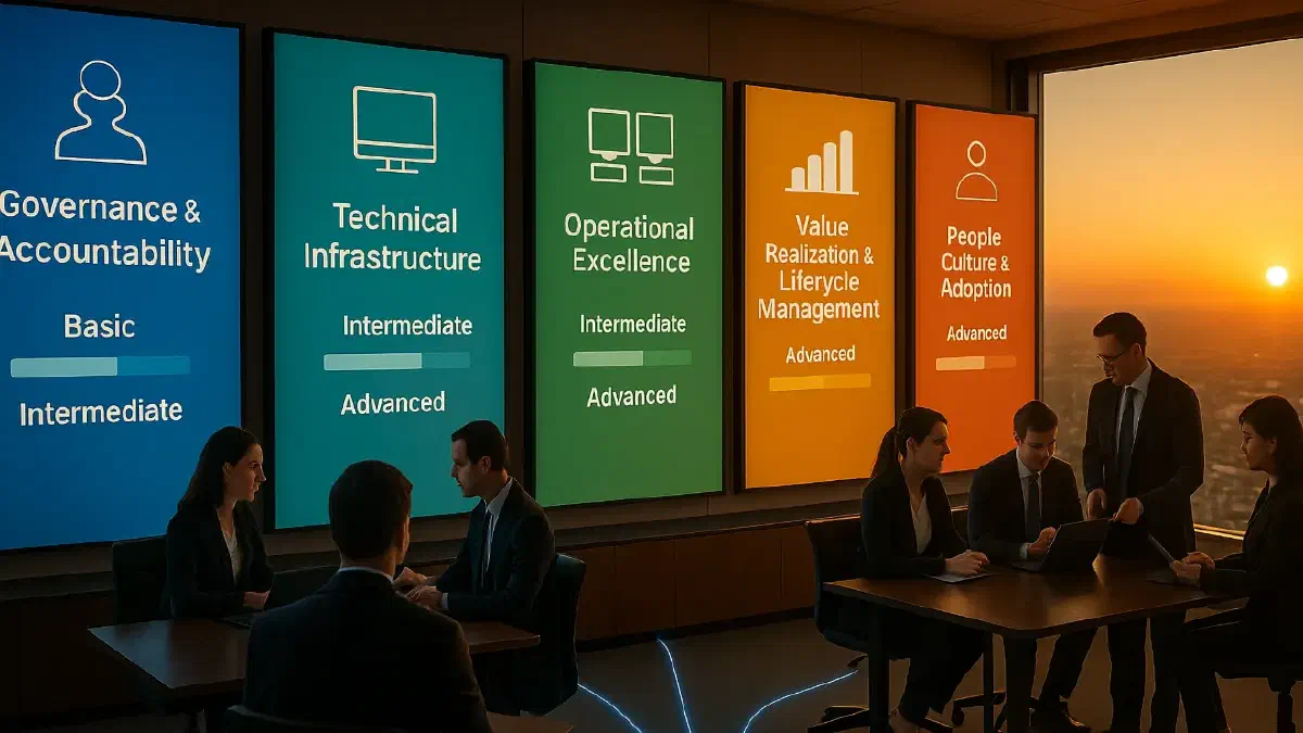 A modern corporate training centre where diverse teams work at stations representing the Five Pillars. Digital displays show capability maturity levels progressing from basic to advanced, with interconnected pathways between stations symbolising integrated capability development. The AI CoE team facilitates from a central hub. (Image generated by ChatGPT 4o).
