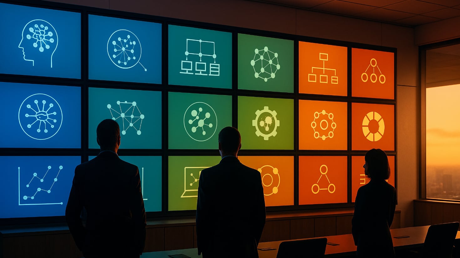 A modern control room with 18 illuminated panels arranged in five distinct colour-coded groups, each displaying abstract representations of AI governance functions, with silhouettes of executives observing the unified system (generated by ChatGPT 4o).
