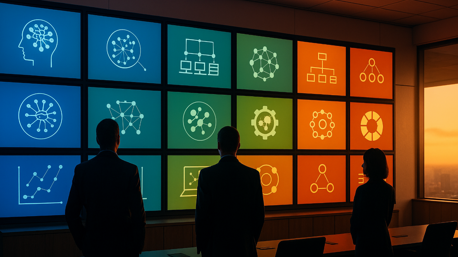 A modern control room with 18 illuminated panels arranged in five distinct colour-coded groups, each displaying abstract representations of AI governance functions, with silhouettes of executives observing the unified system (generated by ChatGPT 4o).