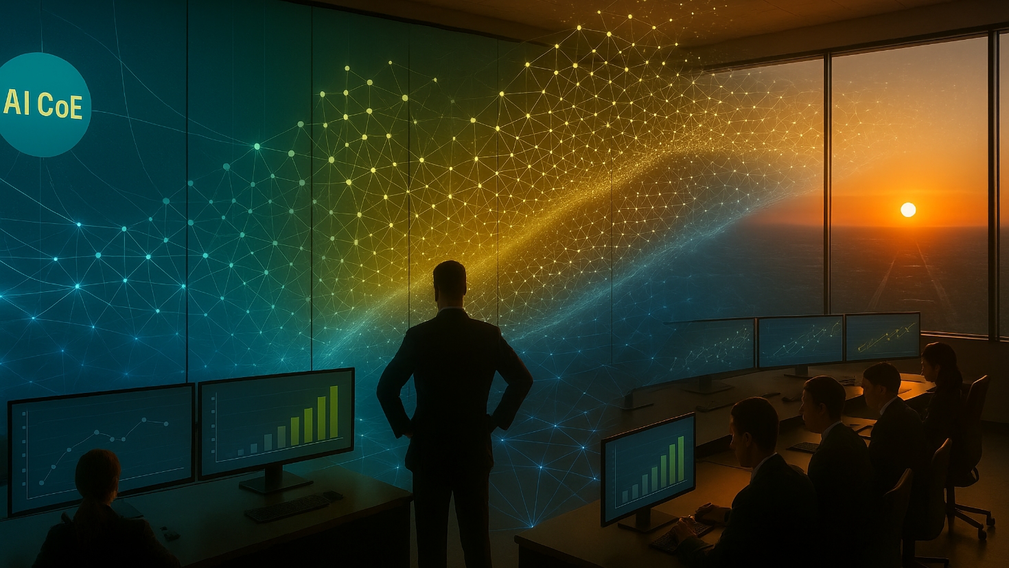 A futuristic AI control centre at sunset where interconnected data networks visualise the evolution from pilot projects to enterprise-scale transformation. Expanding luminous nodes and holographic displays illustrate emerging technologies such as multi-agent systems, quantum-AI hybrids, and federated networks, symbolising adaptive governance and continuous evolution within the AI Centre of Excellence. (Image generated by ChatGPT 4o).