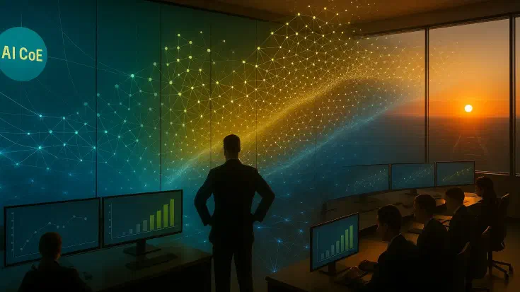 A futuristic AI control centre at sunset where interconnected data networks visualise the evolution from pilot projects to enterprise-scale transformation. Expanding luminous nodes and holographic displays illustrate emerging technologies such as multi-agent systems, quantum-AI hybrids, and federated networks, symbolising adaptive governance and continuous evolution within the AI Centre of Excellence. (Image generated by ChatGPT 4o).
