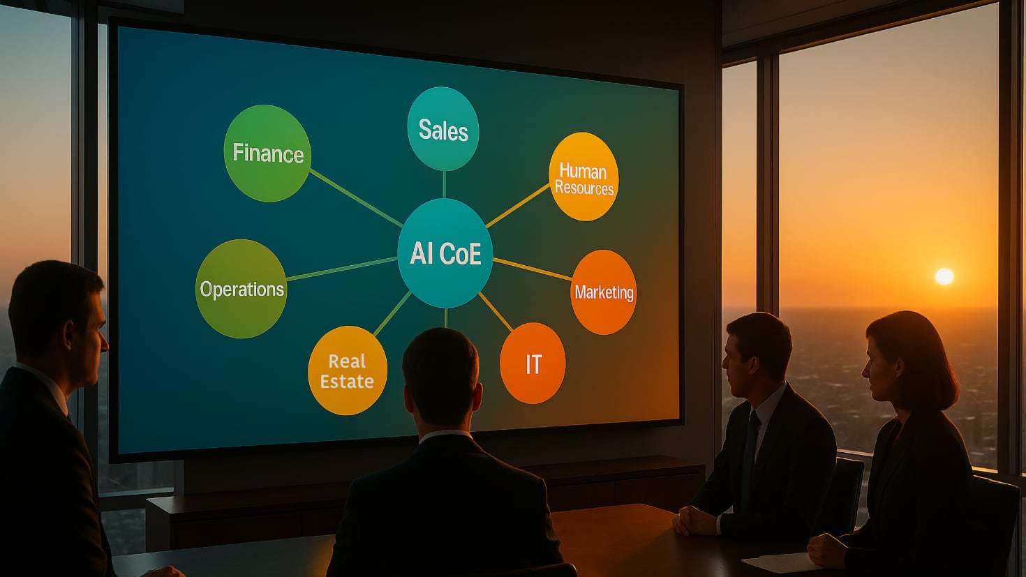 A modern glass-walled boardroom showing an organisational chart on a large screen. The chart displays a hub-and-spoke AI governance model with a central AI CoE connected to various business units at different stages of AI maturity, represented by different colours and connection strengths. Executives are gathered around the table reviewing the structure. (Image generated by ChatGPT 4o).