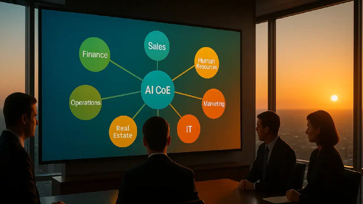 A modern glass-walled boardroom showing an organisational chart on a large screen. The chart displays a hub-and-spoke AI governance model with a central AI CoE connected to various business units at different stages of AI maturity, represented by different colours and connection strengths. Executives are gathered around the table reviewing the structure. (Image generated by ChatGPT 4o).