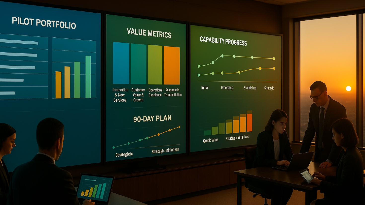 A dynamic command centre where AI CoE teams coordinate their first 90 days. Multiple screens display pilot portfolios, value metrics across Well-Advised dimensions, and capability progress indicators. Teams work at different stations whilst a central dashboard shows the journey from quick wins to strategic initiatives. (Image generated by ChatGPT 4o).