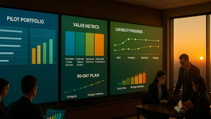 A dynamic command centre where AI CoE teams coordinate their first 90 days. Multiple screens display pilot portfolios, value metrics across Well-Advised dimensions, and capability progress indicators. Teams work at different stations whilst a central dashboard shows the journey from quick wins to strategic initiatives. (Image generated by ChatGPT 4o).