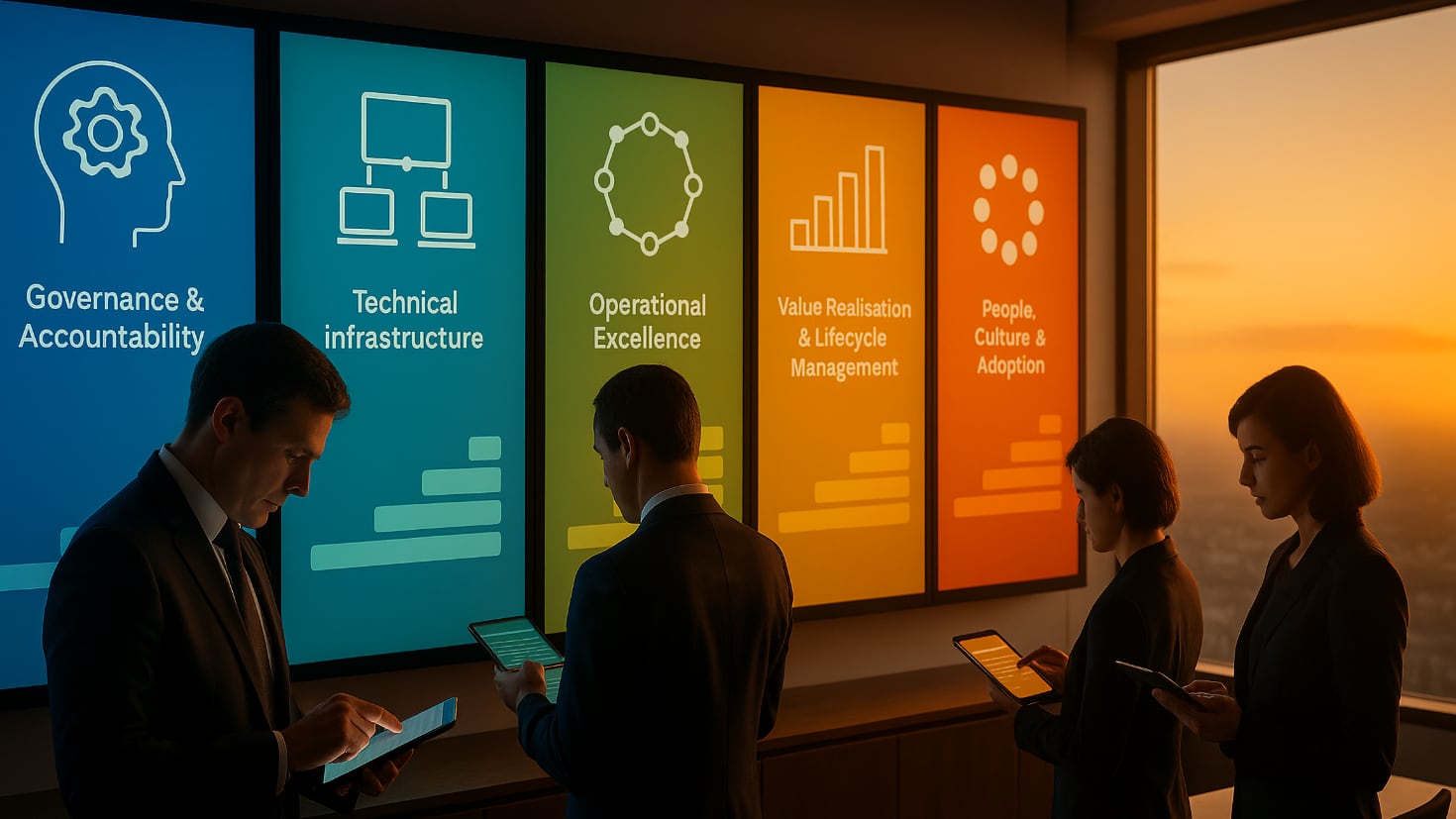 A modern boardroom at sunset with four business professionals using digital tablets to assess AI maturity. In front of them, five large digital dashboards represent the pillars of AI maturity—Governance & Accountability, Technical Infrastructure, Operational Excellence, Value Realisation & Lifecycle Management, and People, Culture & Adoption—each visualised with abstract icons and colour-gradient progress bars. (Image generated by ChatGPT 4o).