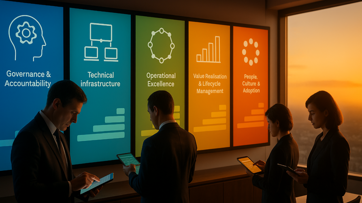 A modern boardroom at sunset with four business professionals using digital tablets to assess AI maturity. In front of them, five large digital dashboards represent the pillars of AI maturity—Governance & Accountability, Technical Infrastructure, Operational Excellence, Value Realisation & Lifecycle Management, and People, Culture & Adoption—each visualised with abstract icons and colour-gradient progress bars. (Image generated by ChatGPT 4o).