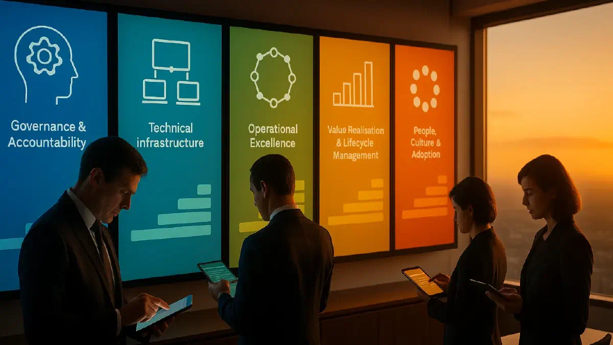 A modern boardroom at sunset with four business professionals using digital tablets to assess AI maturity. In front of them, five large digital dashboards represent the pillars of AI maturity—Governance & Accountability, Technical Infrastructure, Operational Excellence, Value Realisation & Lifecycle Management, and People, Culture & Adoption—each visualised with abstract icons and colour-gradient progress bars. (Image generated by ChatGPT 4o).