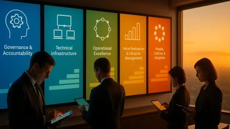 A modern boardroom at sunset with four business professionals using digital tablets to assess AI maturity. In front of them, five large digital dashboards represent the pillars of AI maturity—Governance & Accountability, Technical Infrastructure, Operational Excellence, Value Realisation & Lifecycle Management, and People, Culture & Adoption—each visualised with abstract icons and colour-gradient progress bars. (Image generated by ChatGPT 4o).