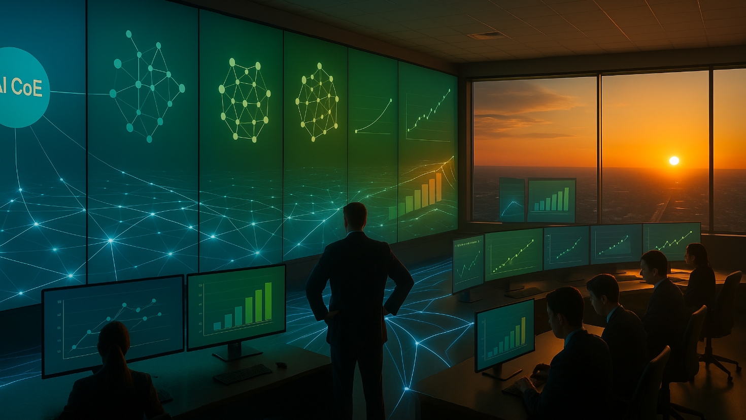 An expansive control centre where AI initiatives scale from single monitors to vast digital landscapes. Teams work on interconnected platforms whilst governance frameworks adapt dynamically. The transition from pilot projects to enterprise transformation is visualised through expanding networks of light. (Image generated by ChatGPT 4o).