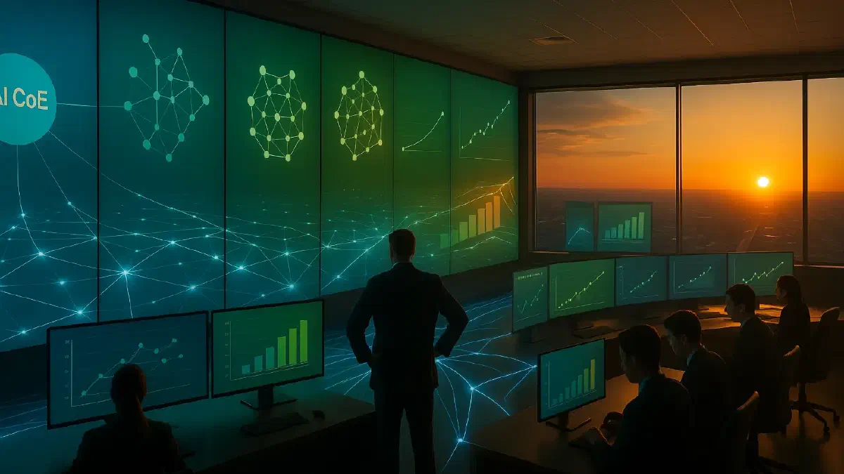 An expansive control centre where AI initiatives scale from single monitors to vast digital landscapes. Teams work on interconnected platforms whilst governance frameworks adapt dynamically. The transition from pilot projects to enterprise transformation is visualised through expanding networks of light. (Image generated by ChatGPT 4o).