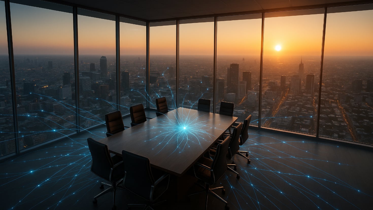 Sunrise view of a high-rise boardroom overlooking a city skyline, where glowing blue neural-network lines radiate from the conference table across the floor and out the floor-to-ceiling windows, symbolising millions of AI decisions under board oversight (generated by ChatGPT 4o).