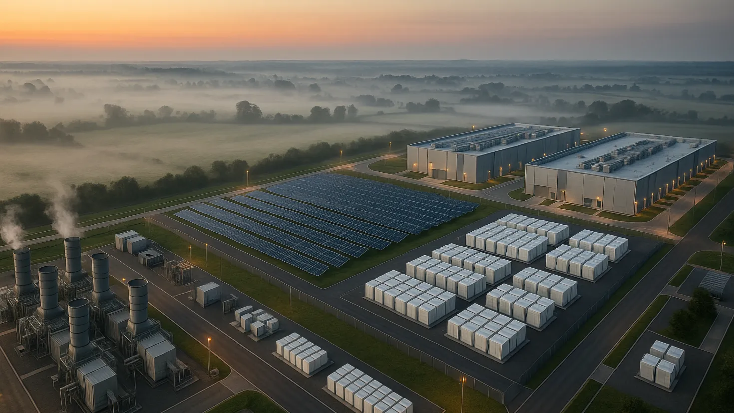 Modern hyperscale data centre facility at golden hour with small modular reactor cooling towers and wind turbines visible in the background