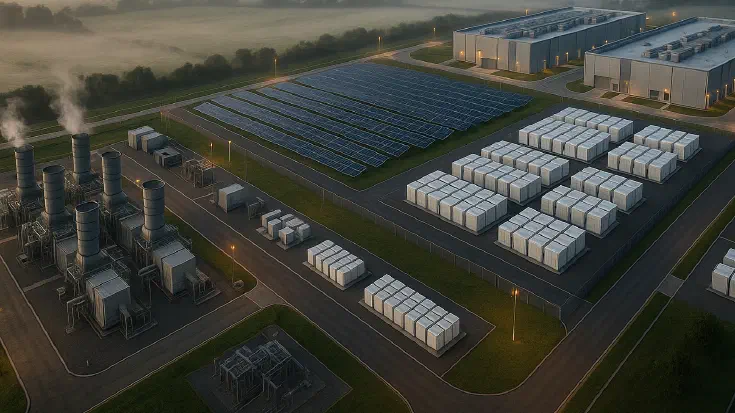 Modern hyperscale data centre facility at golden hour with small modular reactor cooling towers and wind turbines visible in the background, transmission lines connecting the facilities bidirectionally, set in British countryside with rolling green hills (Image generated by ChatGPT 5)