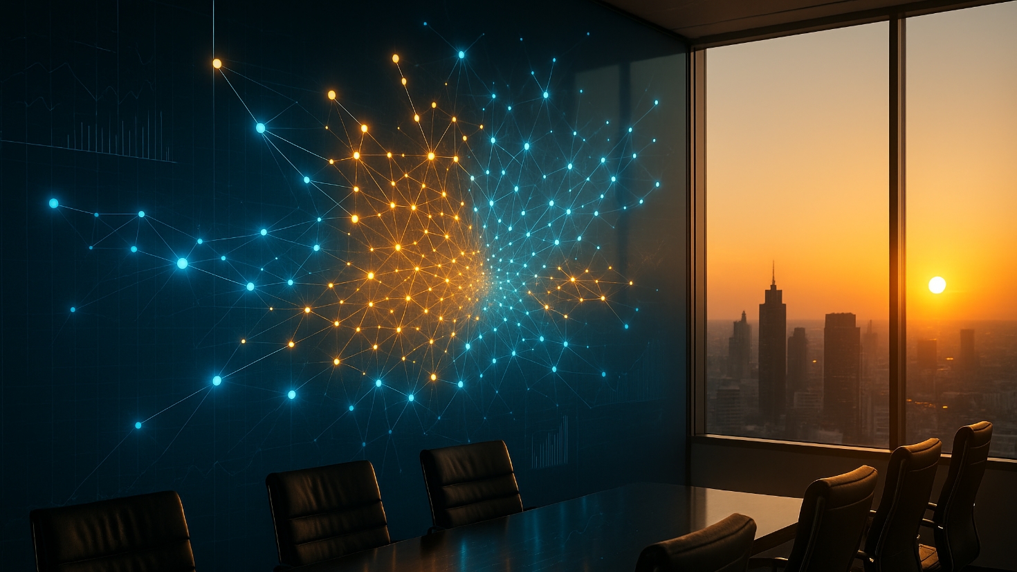 A photorealistic corporate boardroom at sunrise with a panoramic city skyline visible through floor-to-ceiling windows. A holographic display on the glass wall shows interconnected golden and blue nodes branching outward in a chain-reaction pattern, symbolising AI’s second and third-order effects. Warm sunlight blends with the cool glow of the digital network, reflecting on the polished conference table. (Image generated by ChatGPT 4o).