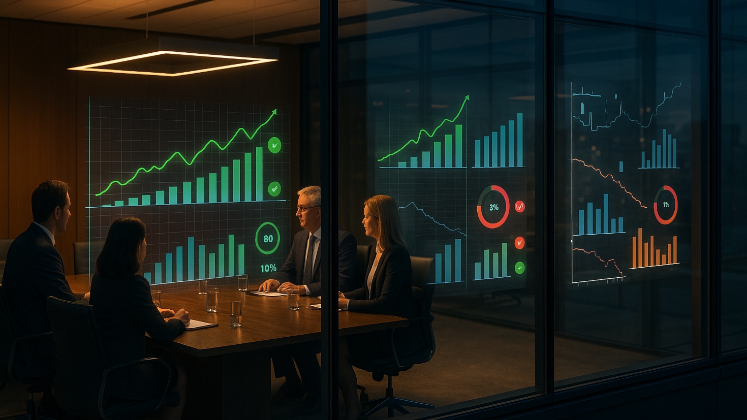 A glass-walled boardroom at dusk showing executives reviewing glowing data visualisations, with the window reflection revealing fragmented metrics and red indicators to illustrate the gap between perceived and actual AI maturity (Image generated by ChatGPT 5)