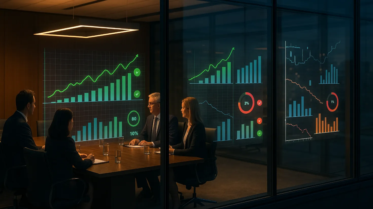 A glass-walled boardroom at dusk showing executives reviewing glowing data visualisations, with the window reflection revealing fragmented metrics and red indicators