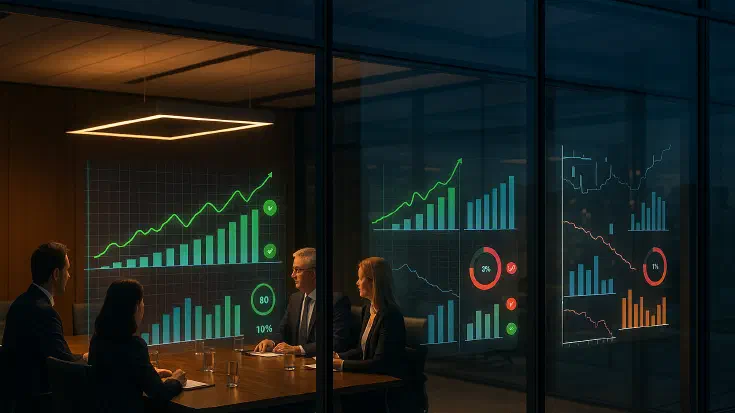 A glass-walled boardroom at dusk showing executives reviewing glowing data visualisations, with the window reflection revealing fragmented metrics and red indicators to illustrate the gap between perceived and actual AI maturity (Image generated by ChatGPT 5)