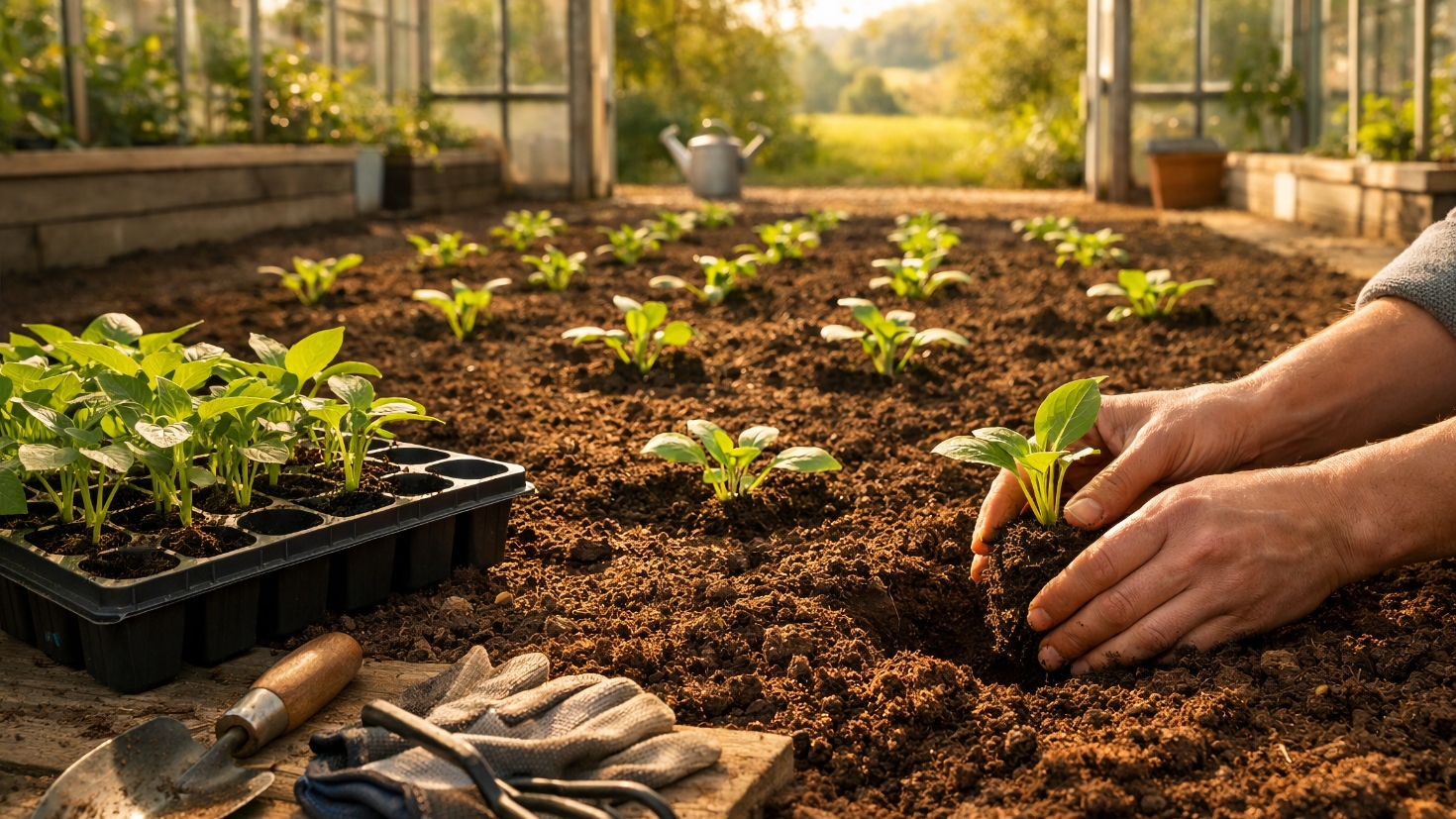 Hands carefully transplanting young seedlings into rich soil inside a sunlit greenhouse, with a black seedling tray of fresh plants, a wooden-handled trowel, and gardening gloves resting nearby on warm earth bathed in golden afternoon light. (Image generated by ChatGPT 5.2)
