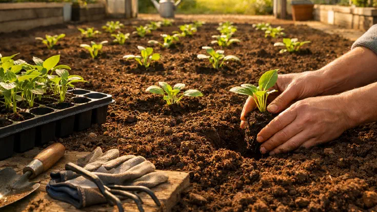Hands carefully transplanting young seedlings into rich soil inside a sunlit greenhouse, with a black seedling tray of fresh plants, a wooden-handled trowel, and gardening gloves resting nearby on warm earth bathed in golden afternoon light. (Image generated by ChatGPT 5.2)