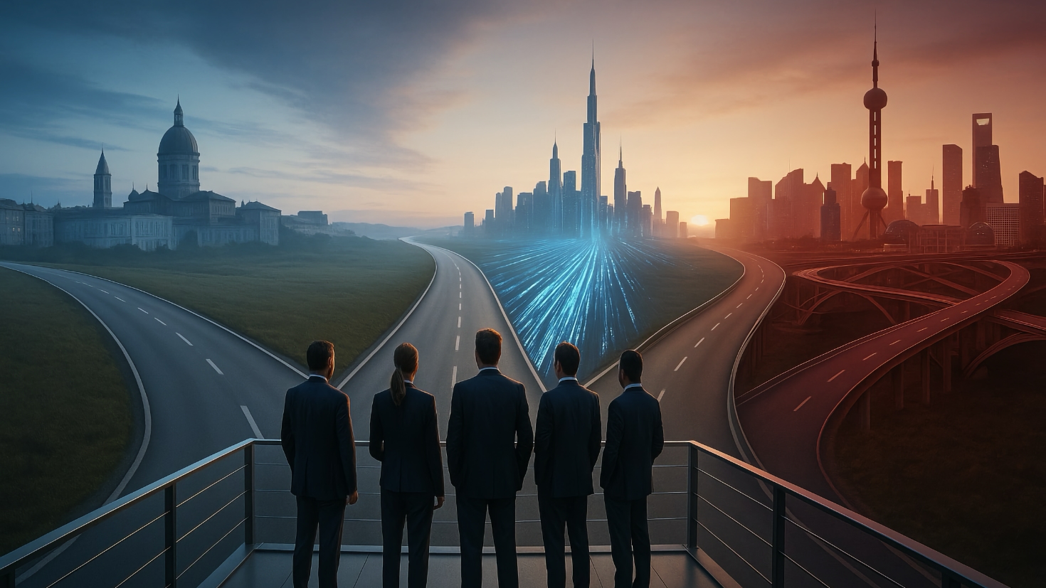 Business executives in suits stand on a glass platform at a crossroads, overlooking three diverging roads leading to a classical European city in soft blue light, a futuristic American skyline with glowing data streams, and a Chinese metropolis with red-toned interconnected bridges, symbolising transparency, innovation, and integration. (Image generated by ChatGPT 5)
